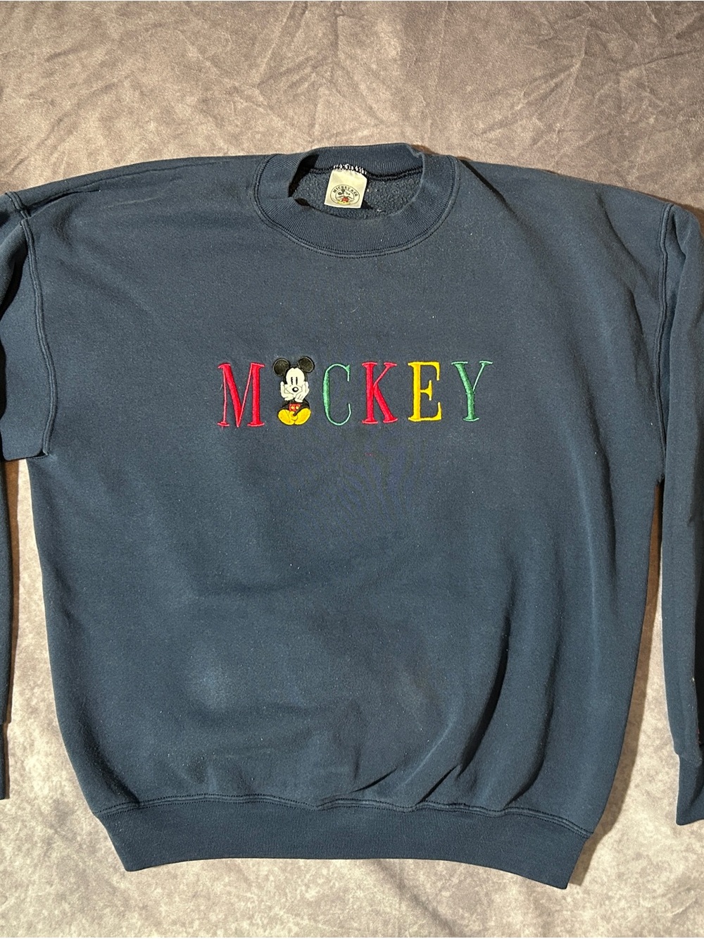 Vtg Navy Embroidered Mickey Mouse Crewneck Sweater with Colorful Lettering